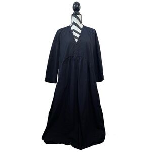 Zara Black Minimalist Sz S Goth 100% Cotton V-Neck Babydoll Midi Dress